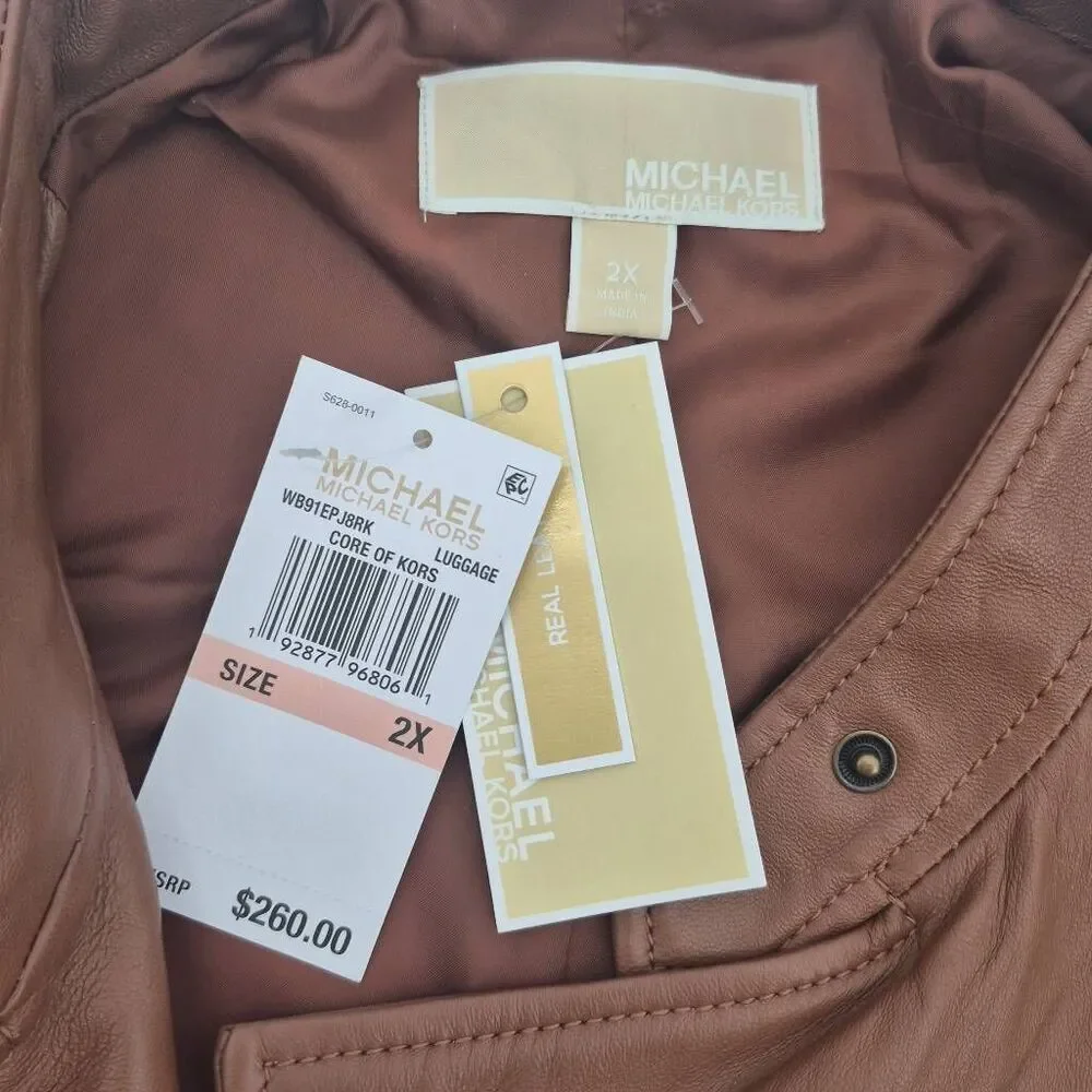 Michael Kors Women's Plus 2X Brown Leather Moto Jacket